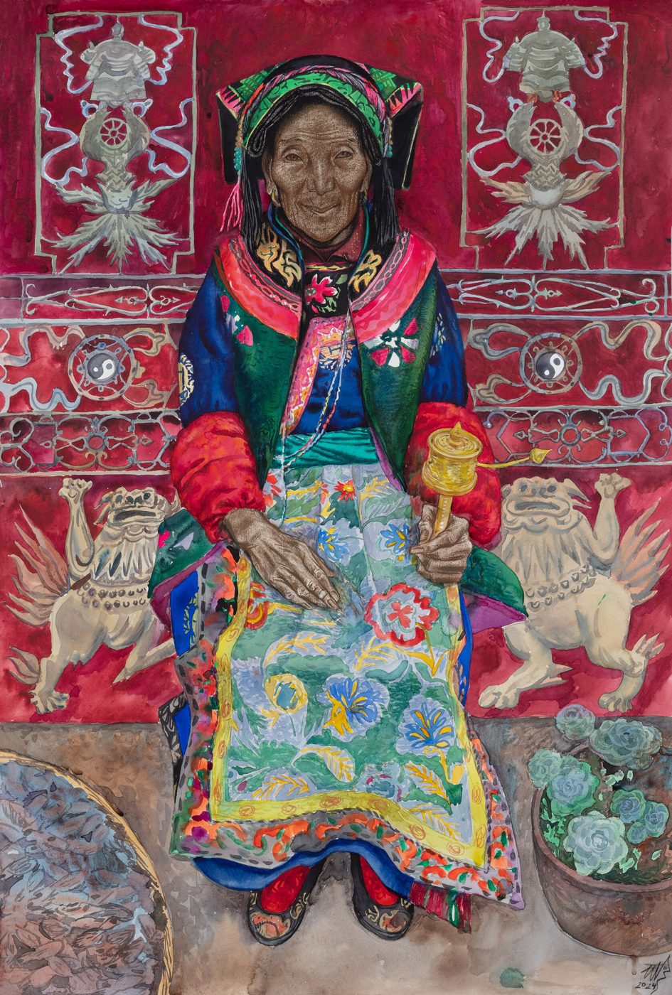 ТИБЕТСКАЯ БАБУШКА, Бумага/акварель/сепия, 80 × 60 см, 2024, художник Наталья Дикунова