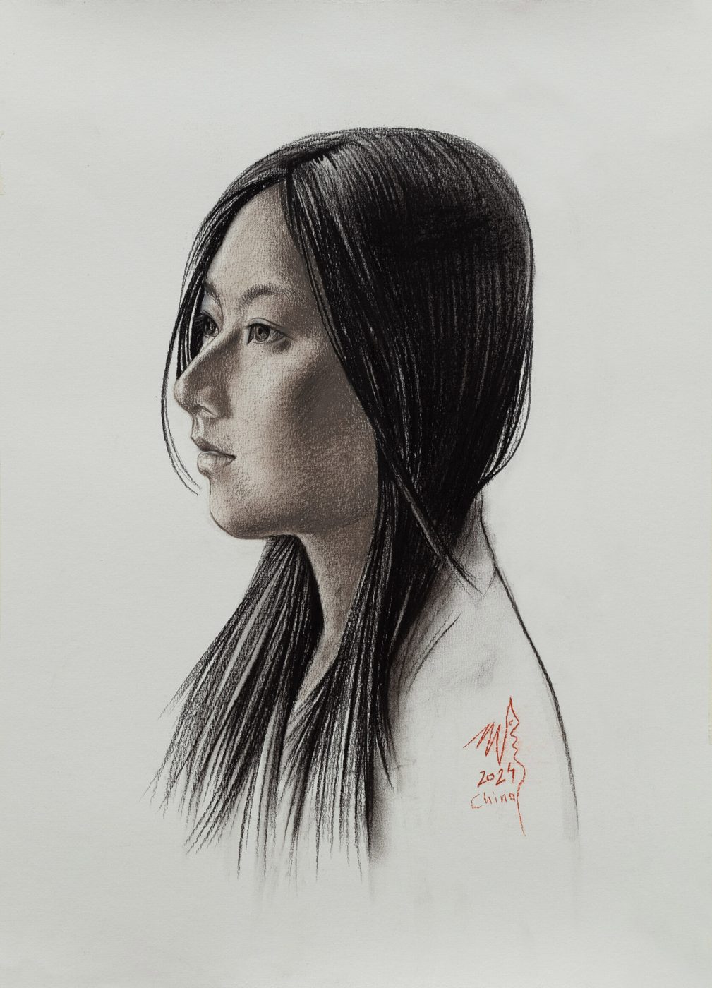 КИТАЙСКАЯ ДЕВУШКА, Бумага/сепия/уголь 60 × 40 см, 2024, художник Наталья Дикунова